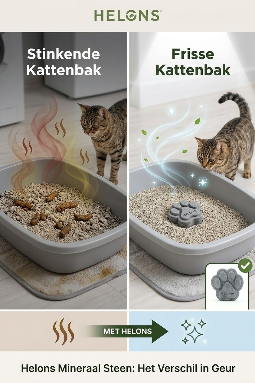 HELONS mineraalsteen in kattenbak met kat en hond